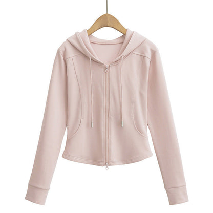 Autumn Fashion Simple Style Double Zipper Hooded Drawstring Tops