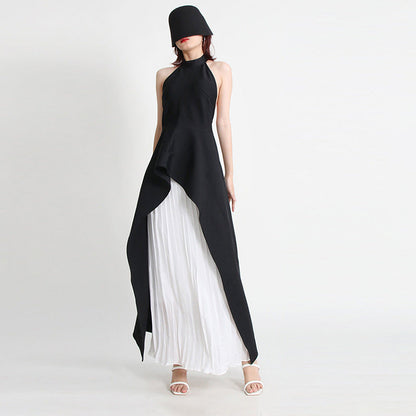 Women's Sleeveless Irregular Black White Color Matching Suits