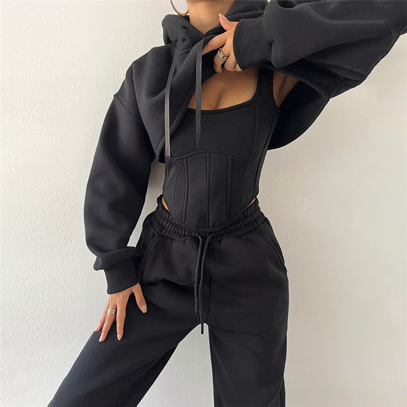Fashion Casual Hooded Drawstring Fishbone Cinched Suits