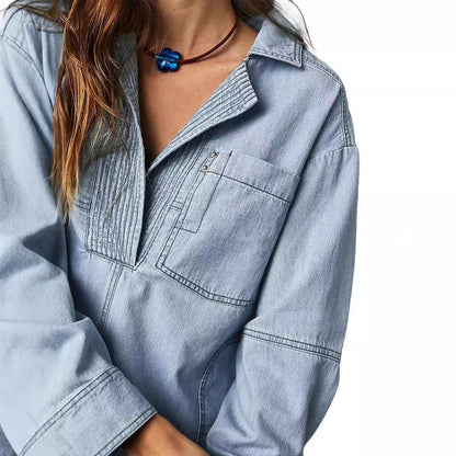 Women's Fashionable Casual Figure Flattering Denim Long-sleeved Blouses
