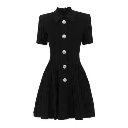 Women's High Quality Knitted Lapel Slim Fit Slimming A- Line Dresses