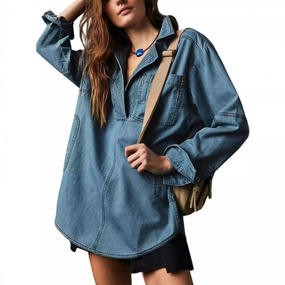 Women's Fashionable Casual Figure Flattering Denim Long-sleeved Blouses