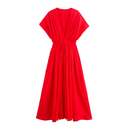 Women's Elegant Pleated Short-sleeved Midi Dress Dresses