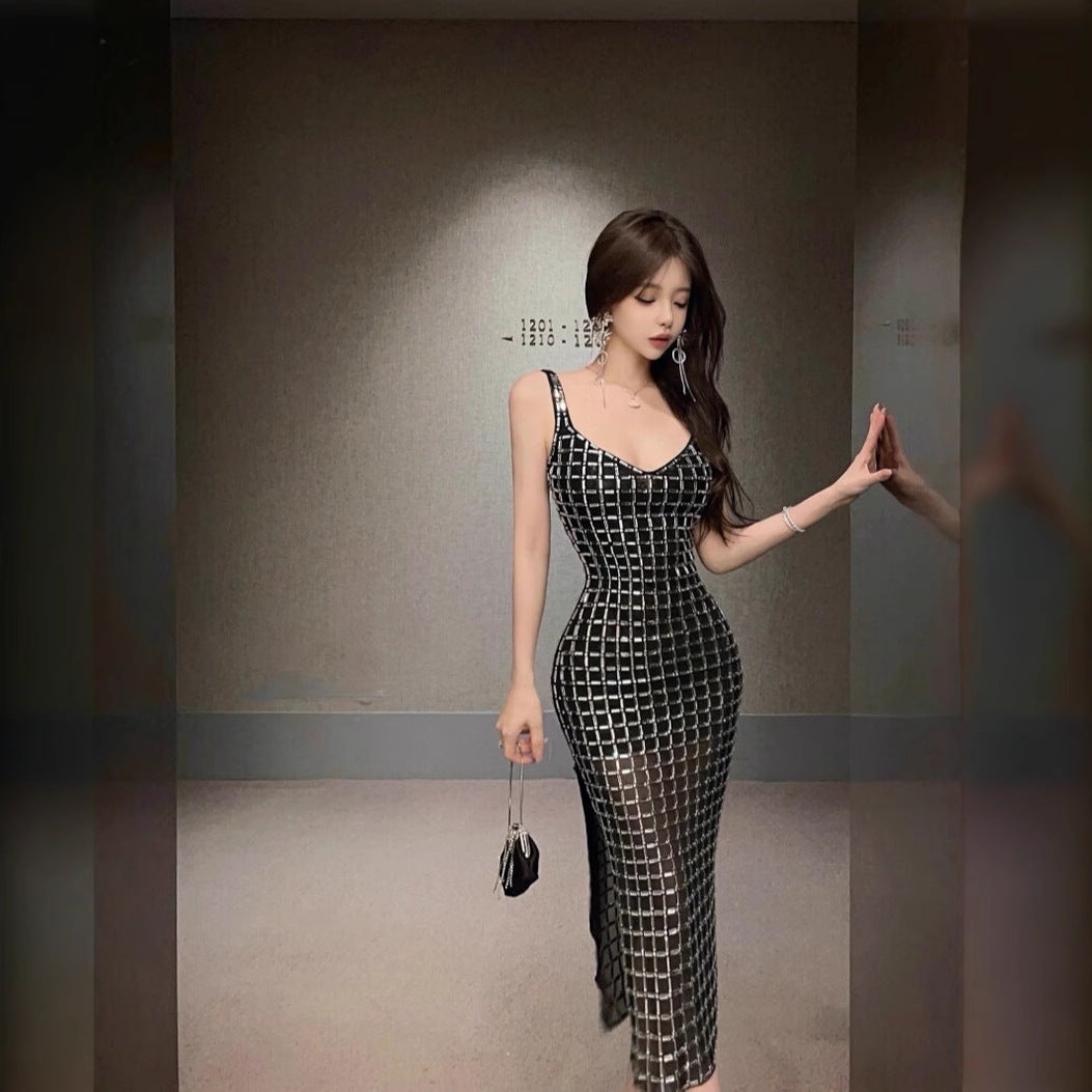 Women's Color Rhinestone Backless Light Luxury Minority Banquet Birthday Sexy Dresses