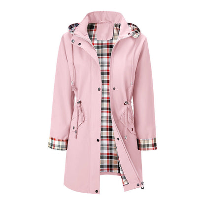 Women's Hooded Drawstring Plaid Lined Trench Coats