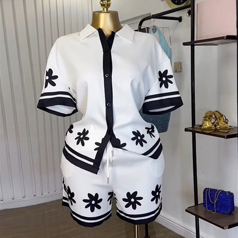 Women's Fashion Polo Collar Color Matching Printed Suits