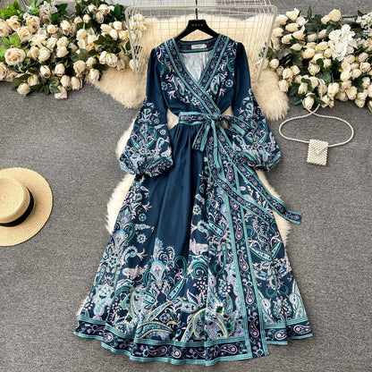 Women's Style One-piece Waist Trimming Printing Dress Dresses