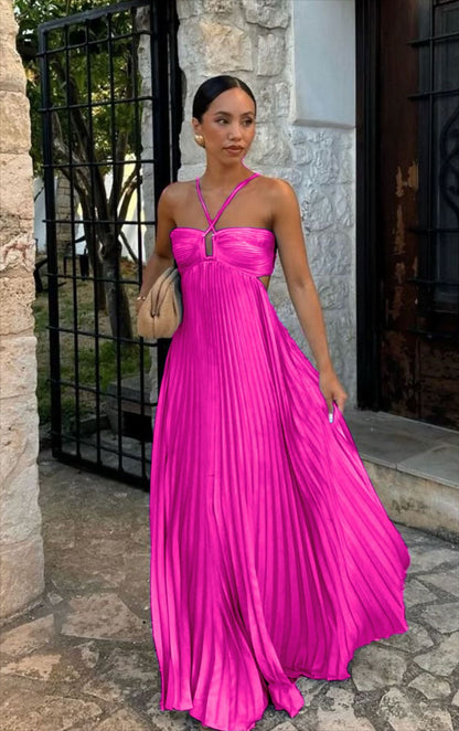 Summer Pure Color Pleated Sleeveless Suspender Dresses