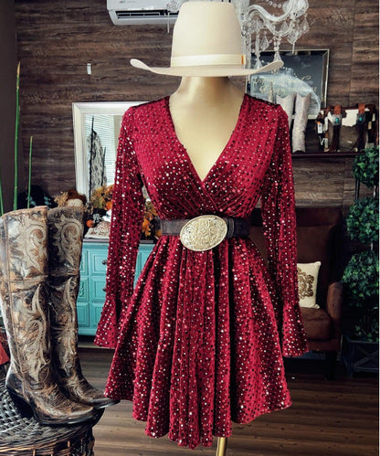 Women's Sequined Flared Sleeves Dress With Lining Dresses
