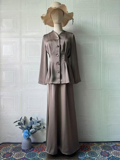 Women's Solid Color Long-sleeved Long Dress Graceful Suits