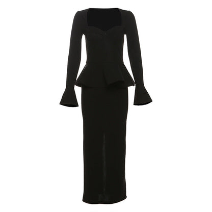 Women's Pure Color Ruffles Waist Decoration Long Dresses