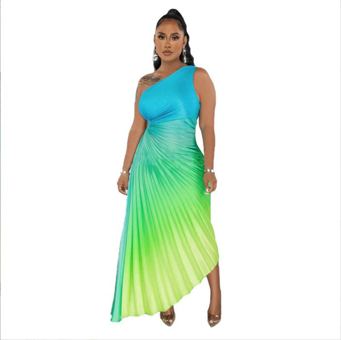 Women's Fashion Gradient Plain Printed Draped Dress Dresses