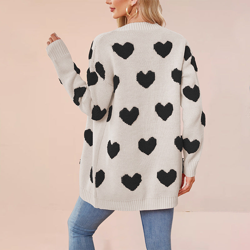 Women's Valentine's Day Heart Knitted Buttons Mid-length Sweaters