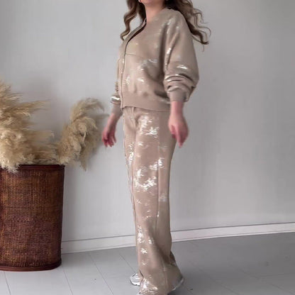 Summer Fashionable Sequins Printed Zipper Casual Suits