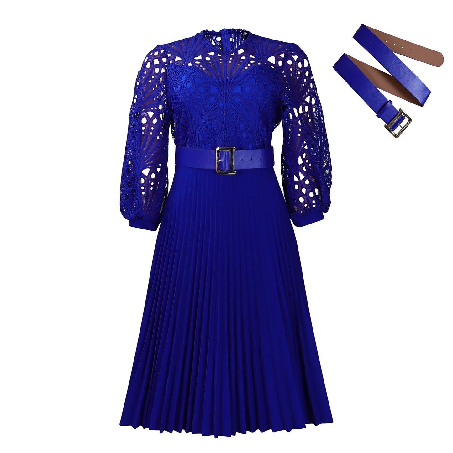 Women's Temperament Pure Color Lace Crocheted Pleated Dresses
