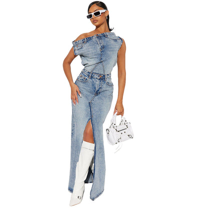 Women's Casual Solid Color Retro Slit Two-piece Suits