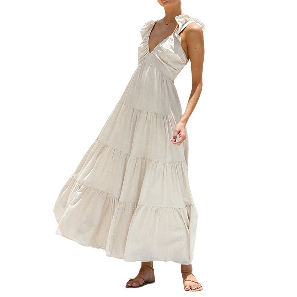 Sexy Cotton Linen Sleeveless Solid Color Lace Dresses