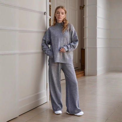 Women's Knitted Turtleneck Loose Long Sleeve Trousers Suits