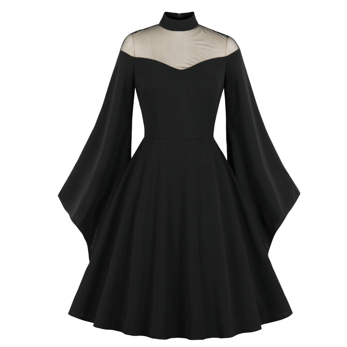 Black Queen Mesh Flared Sleeves Patchwork Dresses