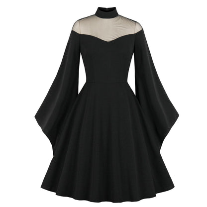 Black Queen Mesh Flared Sleeves Patchwork Dresses