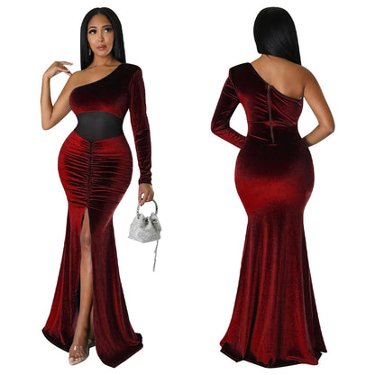 Women's Diagonal Collar Fold Split Solid Color Dresses