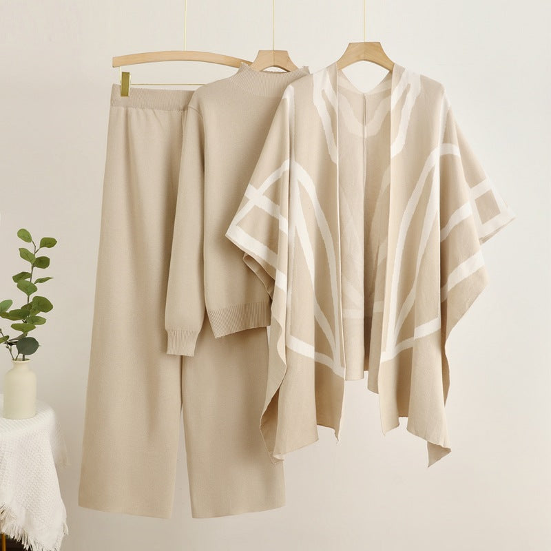 Women's Temperament Idle Style Knitted Shawl Cape Wide Leg Suits