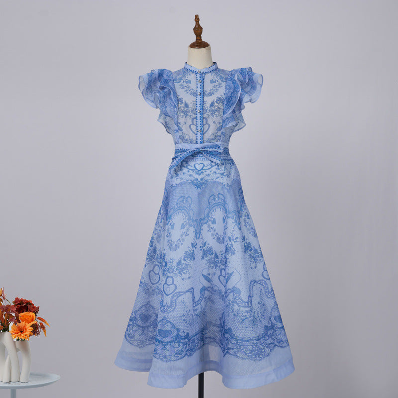 Style Stand Collar Ruffle Diamond Button Sleeveless Wide Suits