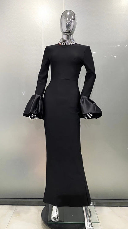 Bell Sleeve Rhinestone Collar Black Dress Elegant Dresses