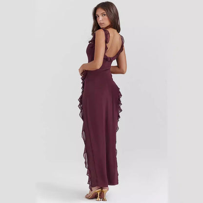Women's French Strap Wooden Ear Design Hot Split Dresses