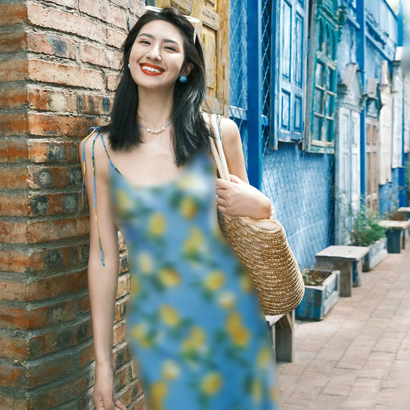 French Silk Printed Lace Up Long Dress Oblique Cut Dresses