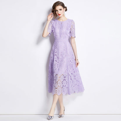 Women's Short-sleeved Lace Dress Mid-length Crocheted Hollowed Purple High Dresses