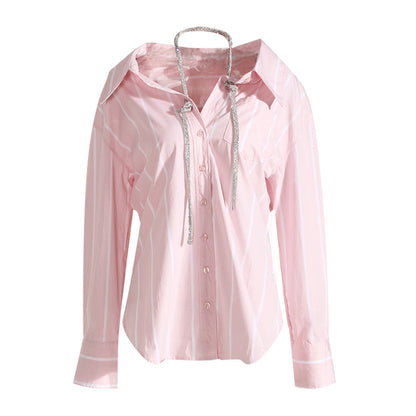 Women's Loose Mid-length Striped Long-sleeved Shirt High-grade Halter Blouses