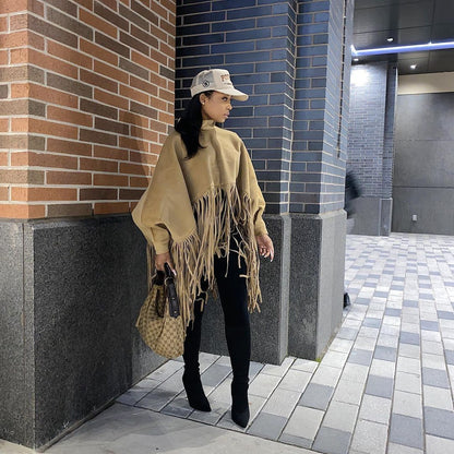 Women's Premium Suede Tassel Shawl Cape Coats