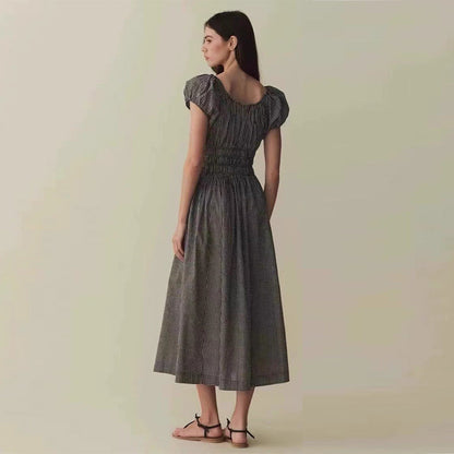 Women's Plaid Square Collar Cotton Holiday Waist Mid-length Dresses