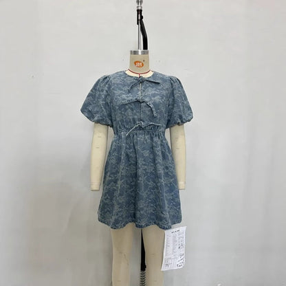 Women's Fashion Sweet Denim Blue Puff Sleeve Design Flower Drawstring Dresses