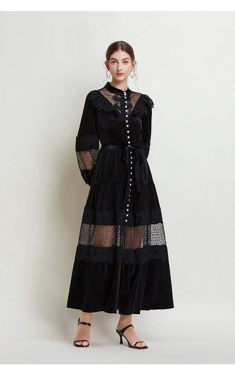 Women's Fashion Stand Collar Pearl Single-breasted Lace Stitching Dresses
