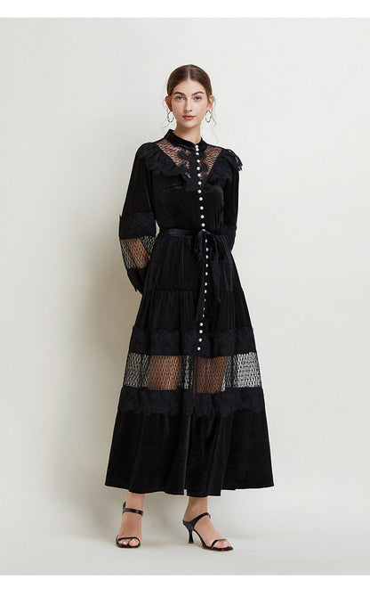 Women's Fashion Stand Collar Pearl Single-breasted Lace Stitching Dresses