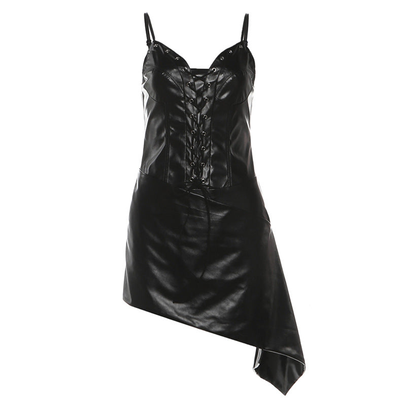 Women's Leather Sling Backless Waist Trimming Knotted Dresses