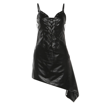 Women's Leather Sling Backless Waist Trimming Knotted Dresses