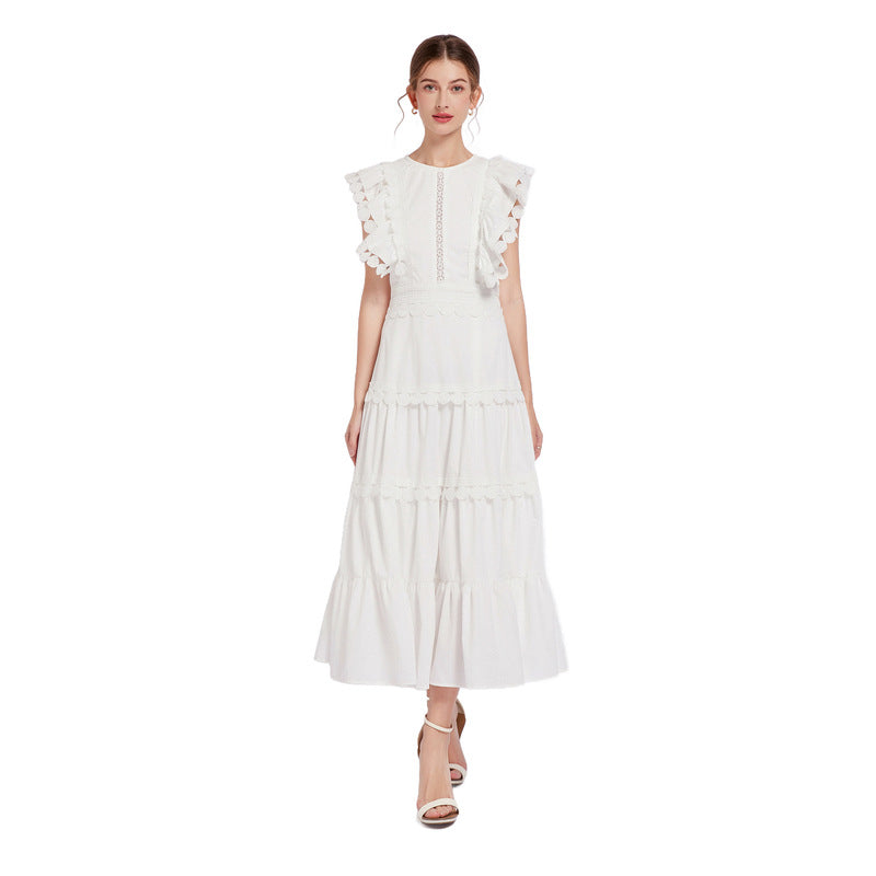 Women's Embroidered Round Neck Flying Sleeves Waist Design Solid Dresses