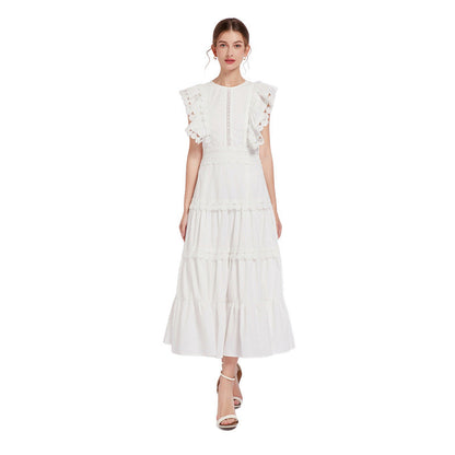 Women's Embroidered Round Neck Flying Sleeves Waist Design Solid Dresses