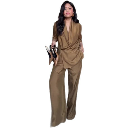 Women's Long-sleeved Pleated Casual Loose Camel Suits