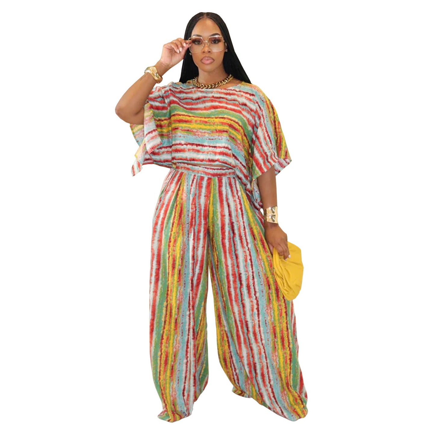 Women's Fashion Wear Casual Striped Trousers Two-piece Suits