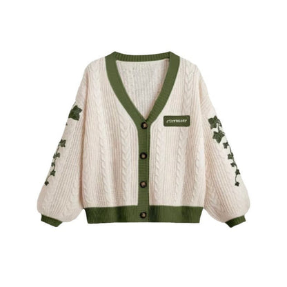Women's Leaf Embroidery Lantern Sleeve Loose Casual Sweaters