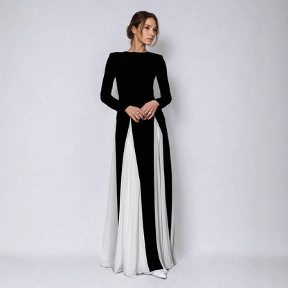 Women's Neck Contrast Color Long Sleeve High Waist Dresses