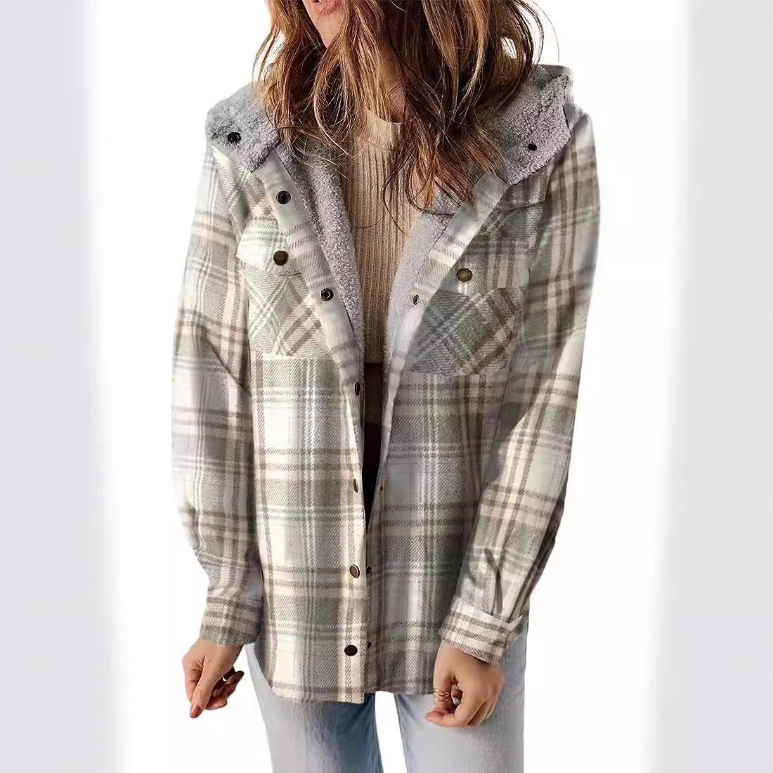 Women's Casual Plaid Hooded Woolen Fleece-lined Warm Coats