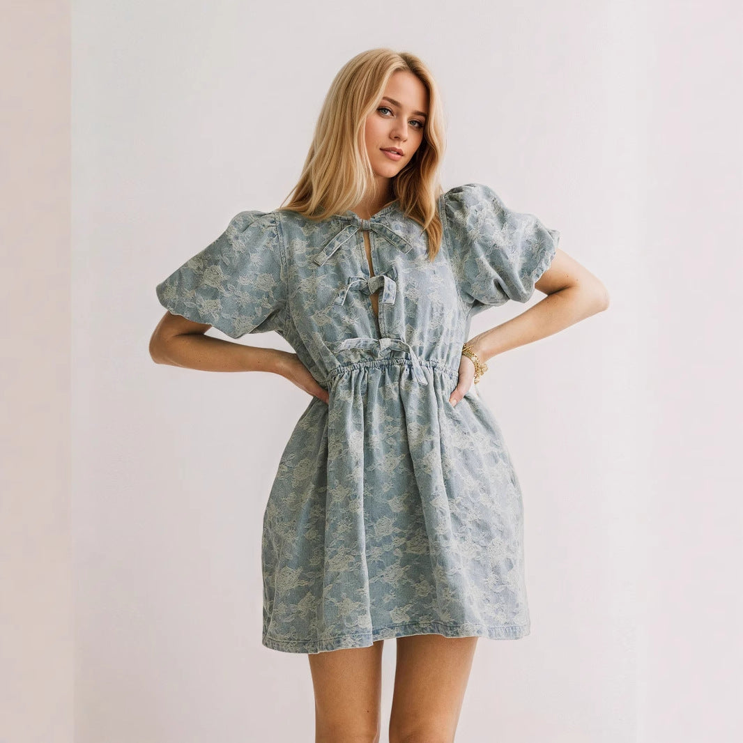 Women's Fashion Sweet Denim Blue Puff Sleeve Design Flower Drawstring Dresses