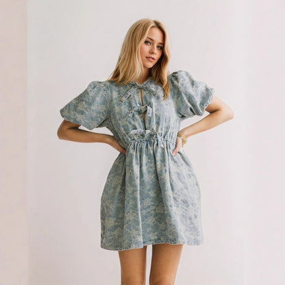 Women's Fashion Sweet Denim Blue Puff Sleeve Design Flower Drawstring Dresses