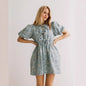 Women's Fashion Sweet Denim Blue Puff Sleeve Design Flower Drawstring Dresses