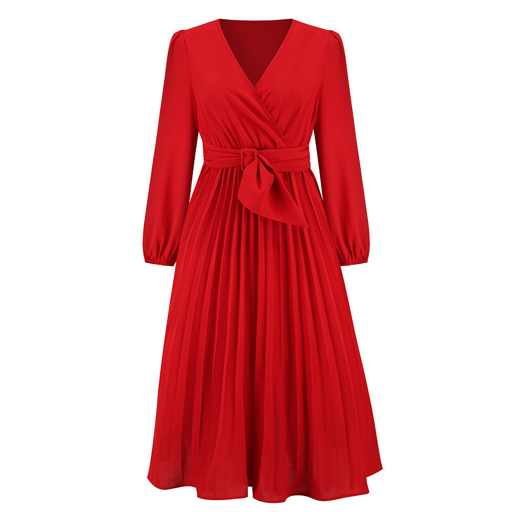 Women's Long Sleeve Pleated Belt Dress A- Dresses